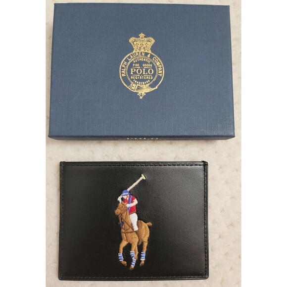 NWT Polo Ralph Lauren Embroidered Big Pony Leather Card Case Black in Gift box - Picture 1 of 3